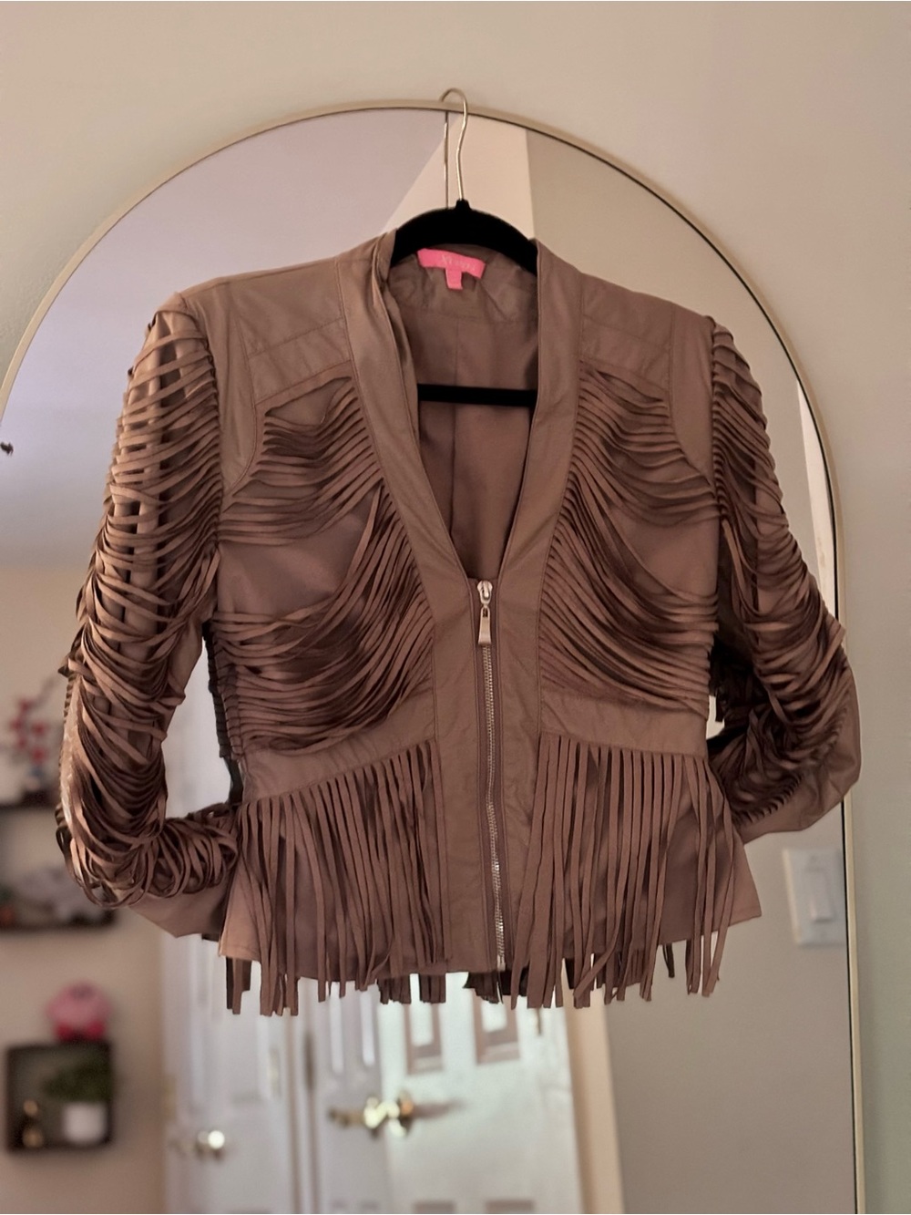 Xhilaration Taupe Fringe Faux Leather Jacket